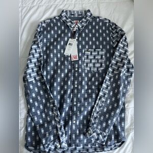 NWT LACOSTE MEN BUTTON YO LONG SLEEVE SHIRT SIZE L NAVY BLUE PRINT